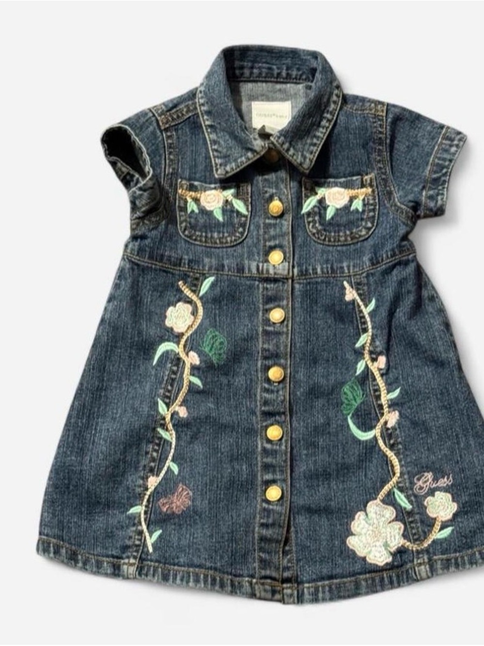 GUESS Baby Embroidered Denim Dress 18M Floral Button Front Toddler Girl Boho
